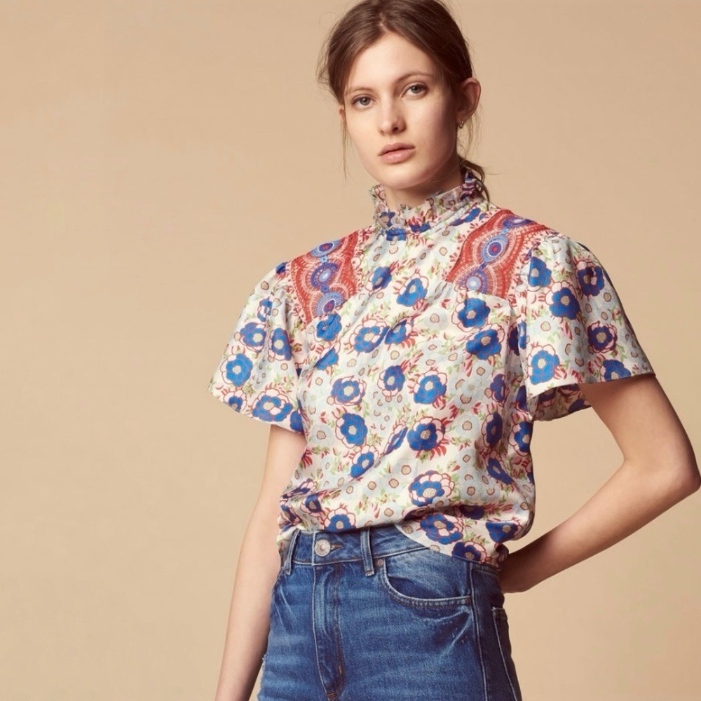 Sandro Paris Elodi Blouse Silk Floral High Ruffle Collar Braid Lace Top 8 Large